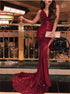 Mermaid Red V Neck Sleeveless Sequins Prom Dresses LBQ0582